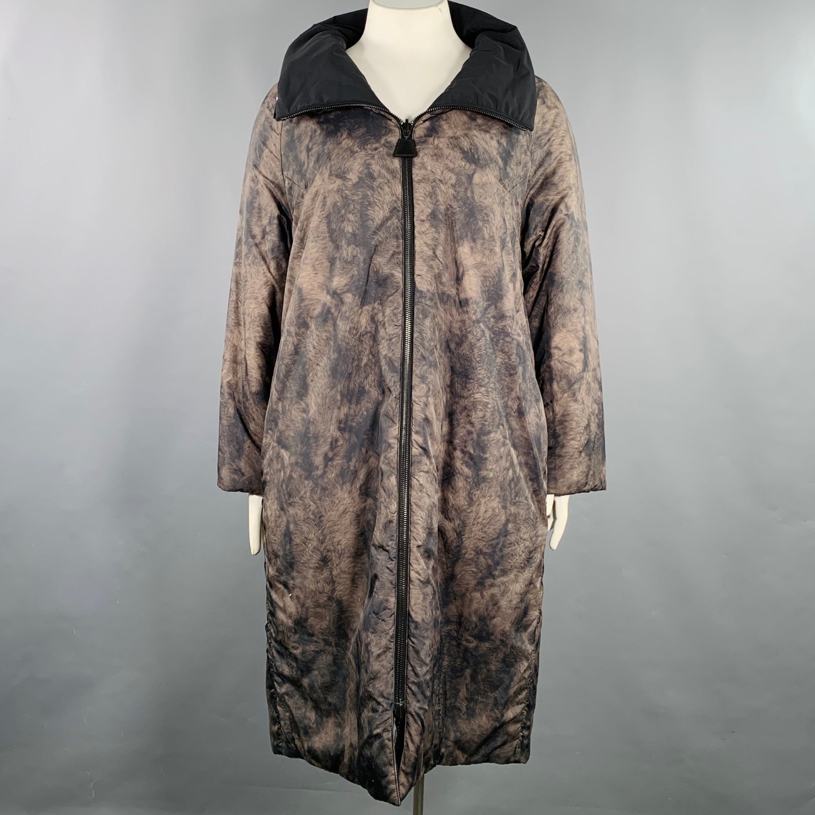 Akris Size 14 Black Brown Fur Effect Nylon Reversible Puffer Coat